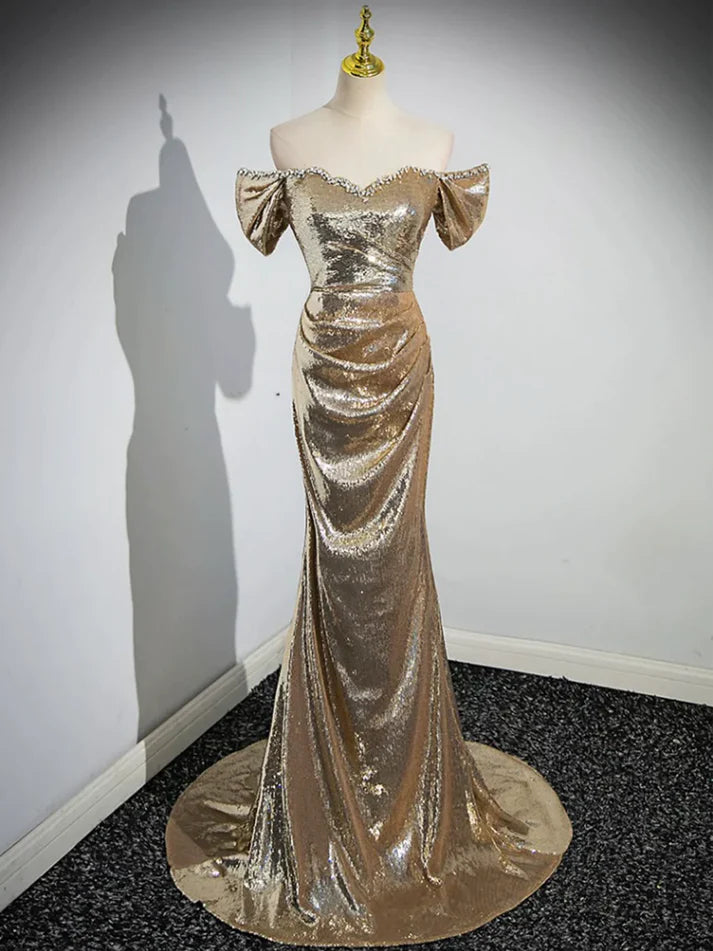 Luolandi Gold Sequins Off Shoulder Mermaid Long Prom Dress Evening Party Dress Sparkly